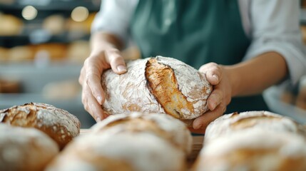 A person is presenting a golden, rustic loaf of crusty bread with a clean break down the middle, in a bakery or kitchen environment filled with other baked goods.