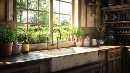 A rustic kitchen scene with a large farmhouse sink, an antique faucet, and a window overlooking a sunny herb garden