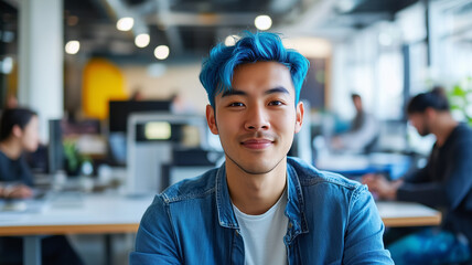 Fototapeta premium Gay gen z asian man with blue hair working in an office with other collegues, open office landscape. Acceptance of diverse people, multiracial colleagues in an office. Inclusive theme.