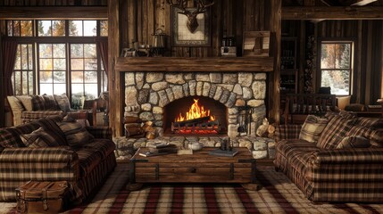 A rustic living room featuring a large fireplace made of fieldstone, a hefty wooden mantle, and cozy flannel sofas