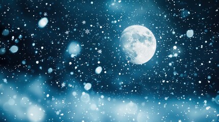 Naklejka premium A dark winter night sky adorned with softly falling snowflakes, illuminated by a full moon. This scene creates a magical and serene winter landscape, perfect for seasonal backgrounds.
