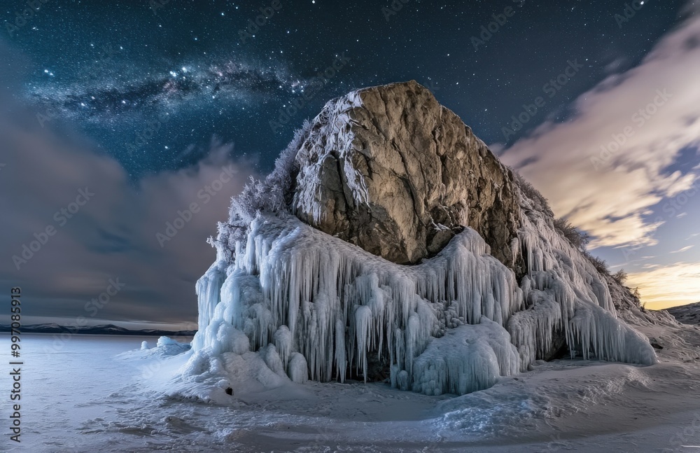 Aufkleber in center of a frozen lake, on an ice-covered cliff with huge icicles hanging from it, sits a large 
