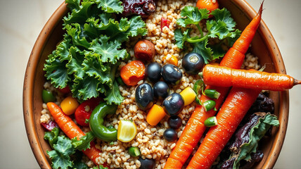 Healthy grain bowl with fresh vegetables and berries on a wooden table