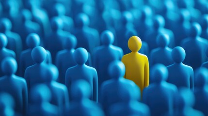 Obraz premium Yellow figure distinct among blue crowd, representing the concept of finding the right person in HR, business strategy, and organizational psychology