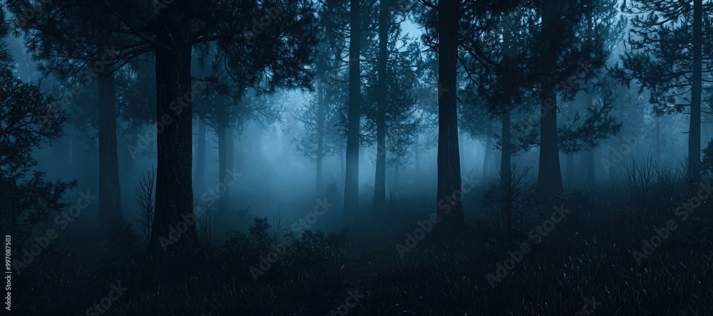 Poster a forest at night with trees and fog