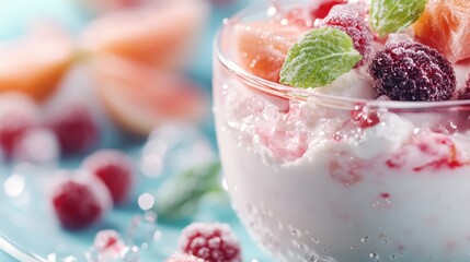 A vibrant fruit and yogurt dessert garnished with fresh mint and assorted berries, highlighting the mix of textures and colors in this refreshing treat, ideal for a healthy snack.