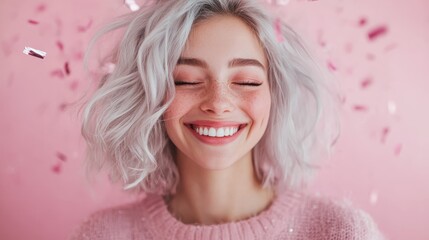 A lovely woman with a radiant smile and delightful freckles enjoys a moment of pure joy, surrounded by a cascade of pink confetti on a pastel backdrop.