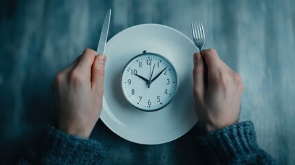 A clock is placed on a white plate, with a fork and knife on either side, against a blue background, symbolizing the concept of time, eating habits, and modern lifestyle timing.