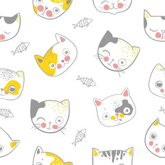 Seamless Pattern with Cartoon Cat Face Design