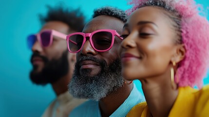 Three stylish individuals wear sunglasses, including a man with a prominent beard and colorful hair, posing confidently against a vivid blue backdrop.