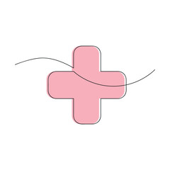 Red cross in one continuous line. One line drawing, minimalism. Vector illustration.