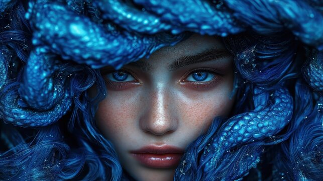 A mystical image depicting a woman with serpentine blue hair, her eyes reflecting an enigmatic gaze surrounded by swirling, snake-like strands of blue locks.