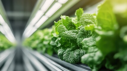 A fresh green piece of lettuce being cultivated indoors under advanced LED lighting, exemplifying modern agricultural techniques and the movement towards sustainable food production.