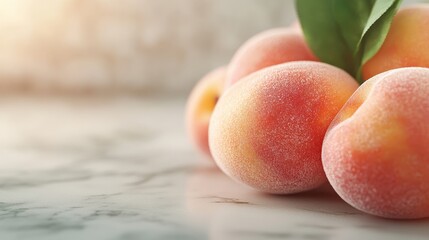 This close-up image features a few ripe peaches with green leaves, presented on a clean marble background. The detail captures the peaches’ fluffy skin and inviting colors.
