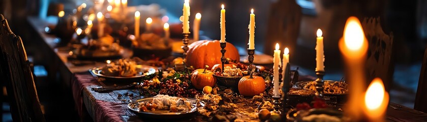 A medieval banquet table with decaying Halloween feast, candles flickering ominously, copy space, gothic horror theme, vibrant, overlay, haunted great hall backdrop