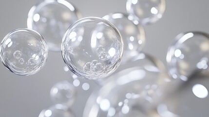 Clear 3D bubbles float and bump against each other in midair, with a grey background.