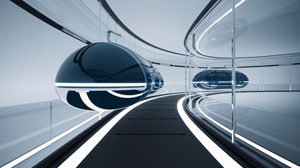 Fototapeta premium Futuristic Transportation: Sleek, futuristic pods glide effortlessly through a sleek, glass-enclosed tunnel, showcasing innovative transportation technology and a glimpse into a modern, urban future.