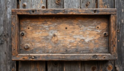 an empty sign board on the background of a fence, made of wood, old and weathered plaque