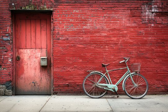 A chic bicycle leans against a striking red brick wall, combining urban charm with a pop of color in a picturesque street scene.
