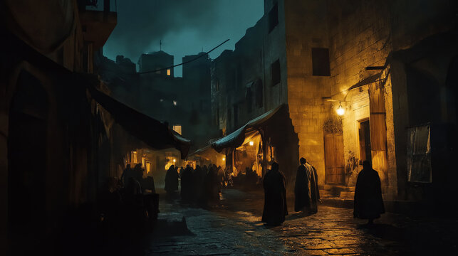 photo of a busy inn in bibilical Bethlehem with as Mary and Joseph search for a place to stay