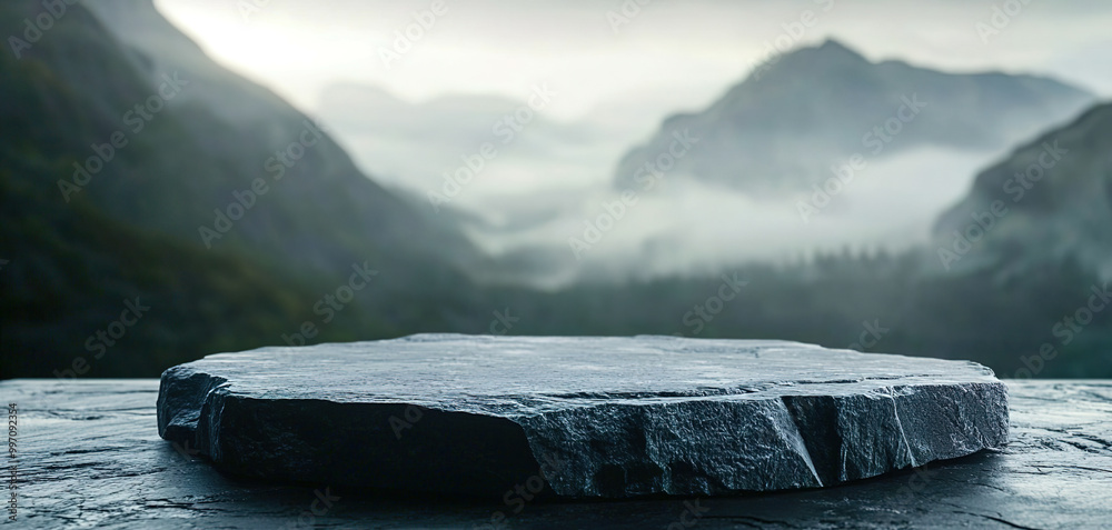 Poster a large rock sits on a ledge in the mountains