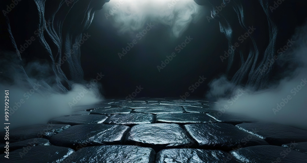 Poster a dark cave with a foggy mist and a light shining through the entrance