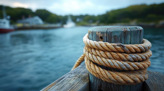 Weathered mooring line tied to a wooden bollard on a Connecticut dock. Frayed rope texture with serene East Coast shoreline backdrop. Ideal for nautical, travel, and vacation