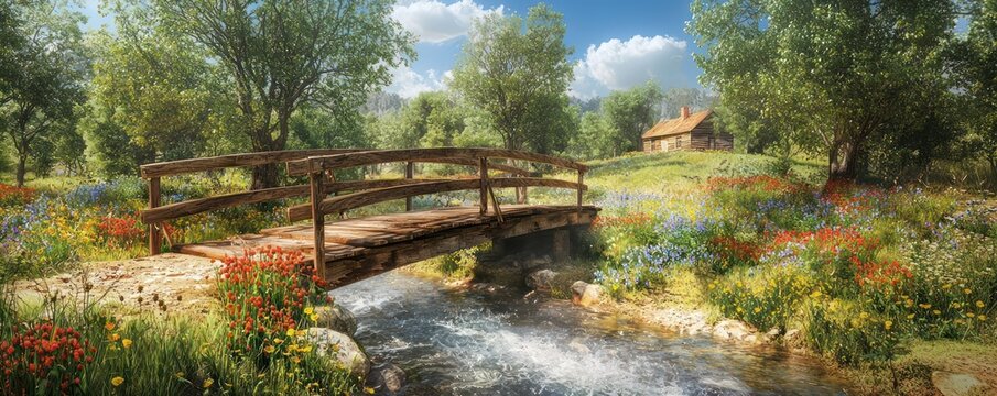 A rustic wooden bridge over a bubbling creek on a farmhouse property, surrounded by mature trees and wildflowers in full bloom