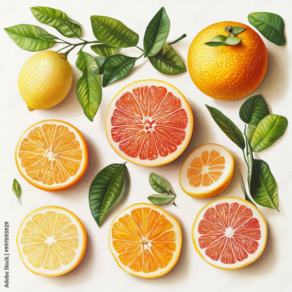 Canvas Prints A flat lay of citrus fruits, including lemons, oranges, and grapefruits, with leaves, on a white background.