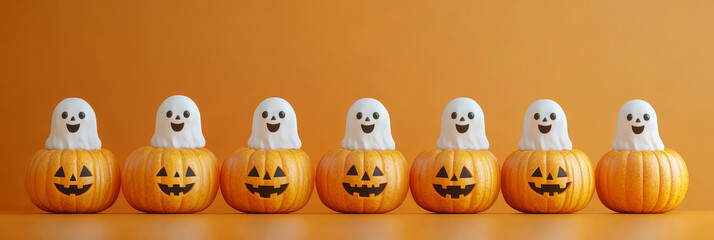 Fototapeta premium A row of jack-o'-lanterns with ghosts on top, perfect for Halloween decorations.