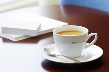 Obraz premium A serene moment with a cup of steaming coffee on a polished table in an elegant setting