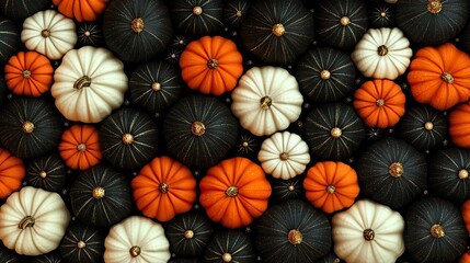An elegant pattern showcasing a mix of traditional and modern pumpkins with celestial stars