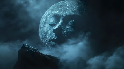 Dark night sky with a large moon, mysterious face emerging from the mist.