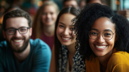 Fototapeta premium Diverse and inclusive group of office colleagues smiling at a training course. Multiracial group of woman and men following a course, symposium, training. Colleagues learning new skills.