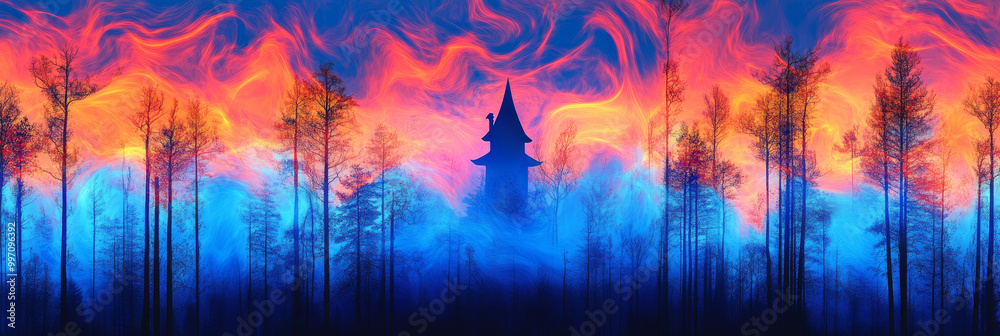 Wall mural a tall, mysterious house stands in a forest under a swirling sky.