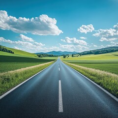Fototapeta premium Wide open road leading into the horizon with clear blue sky and white clouds