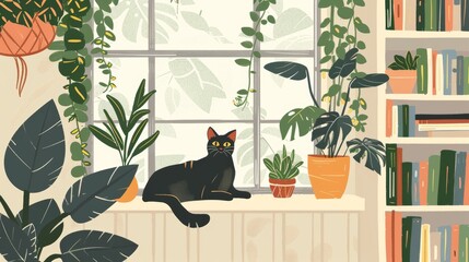 A cozy living room background with a cat lounging on a sunny windowsill, surrounded by houseplants and books