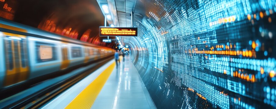 Digital wallets supporting cashless public transport systems selective focus, urban mobility theme, dynamic, manipulation, metro station backdrop