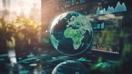 Fototapeta premium Globe surrounded by carbon footprint icons and charts on a virtual screen, symbolizing environmental impact assessment and life cycle assessment of product value chains.