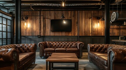 A stylish industrial lounge with leather sofas, wood panel walls, and metal accents under soft industrial lighting