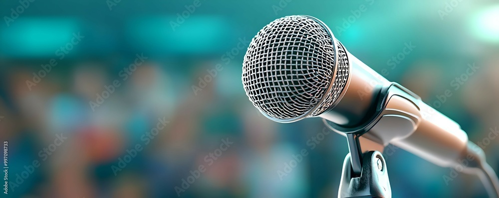 Wall mural Microphone on Stand with Blurred Audience Background for Presentation Speech and Conference