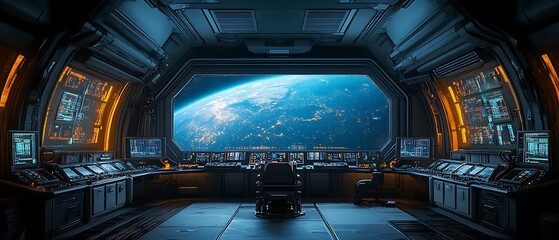Futuristic Spaceship Interior with Earth View