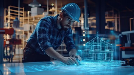 Medium shot of an electrician planning a residential wiring project with a holographic blueprint floating beside them