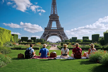 Travelers and Tourists Walking Relaxing and Exploring in Sunlight by the Eiffel Tower with Couples Families and Groups Enjoying the Famous French Landmark