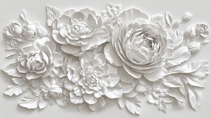 White floral relief sculpture displaying delicate peonies and blossoms against textured background