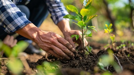 Hands Planting a Young Seedling in Soil Under Sunlight