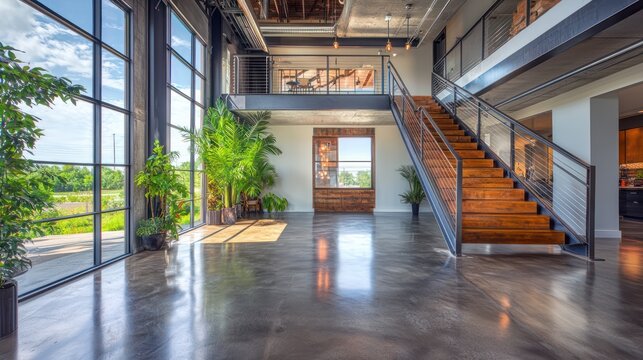 A trendy industrial loft with polished concrete floors, a wood and metal staircase, and large steel-framed windows - Powered by Adobe