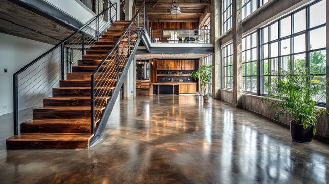 A trendy industrial loft with polished concrete floors, a wood and metal staircase, and large steel-framed windows