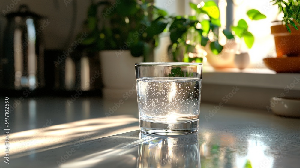 Sticker A glass of sparkling water with bubbles on a kitchen counter illuminated by sunlight streaming through a window.