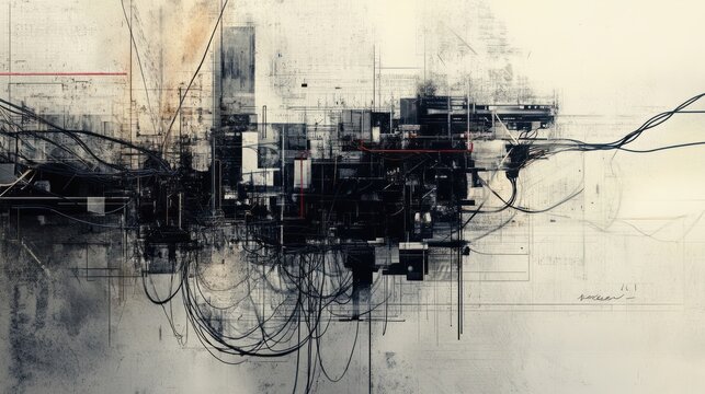 Tangled wires and faded blueprints blend on a softly glowing Dadaism background